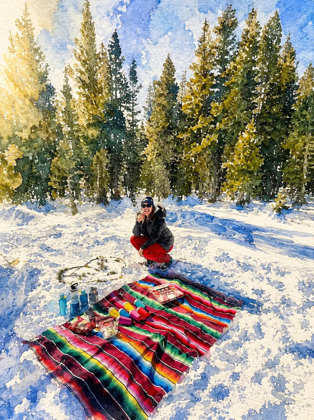 A winter mindfulness picnic set up on a snowy meadow surrounded by pines