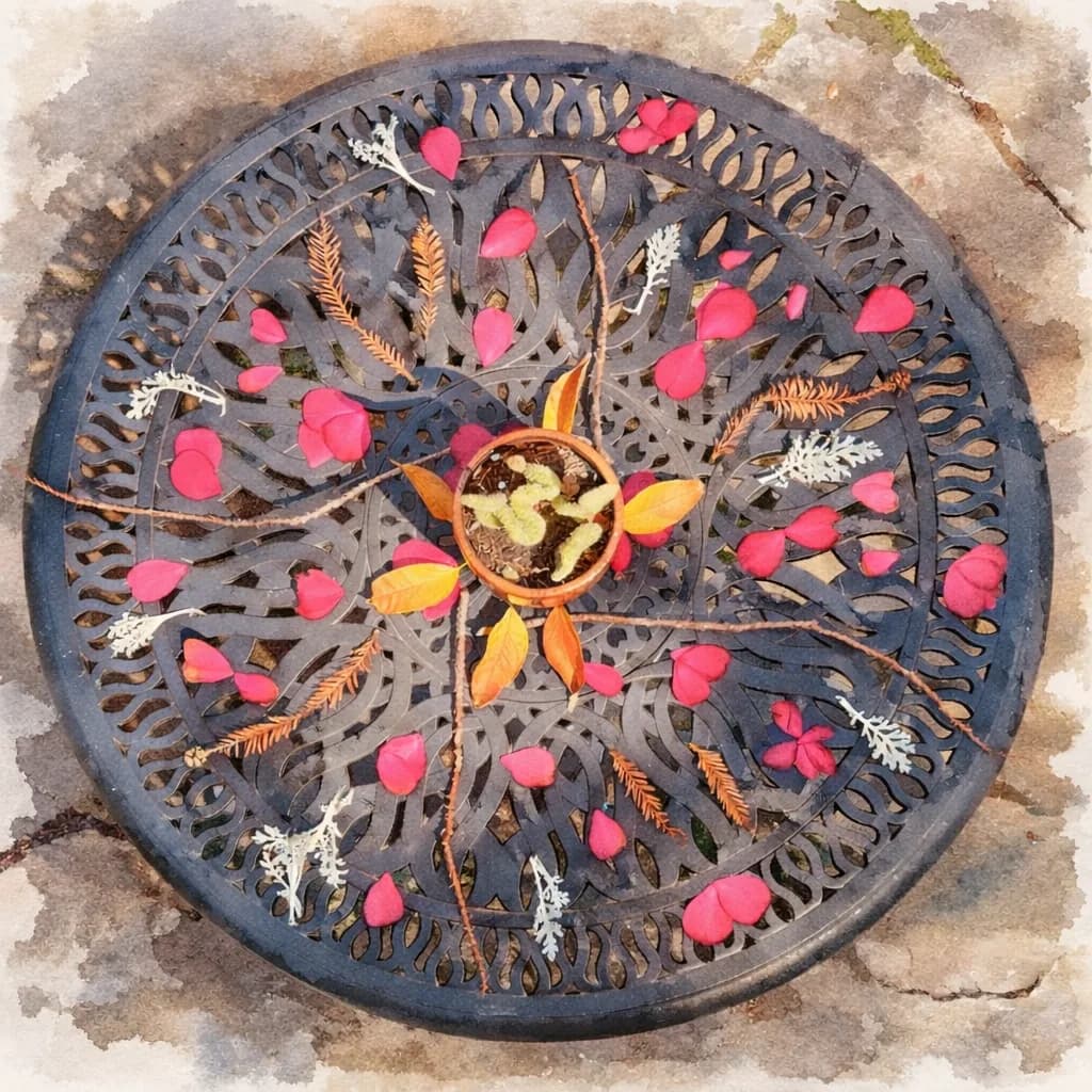 Petals and leaves radiating from a wooden bowl on an iron table