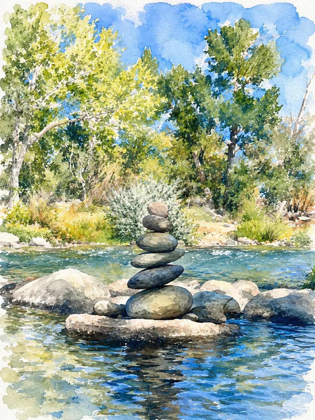 A cairn of balanced river stones in a flowing stream