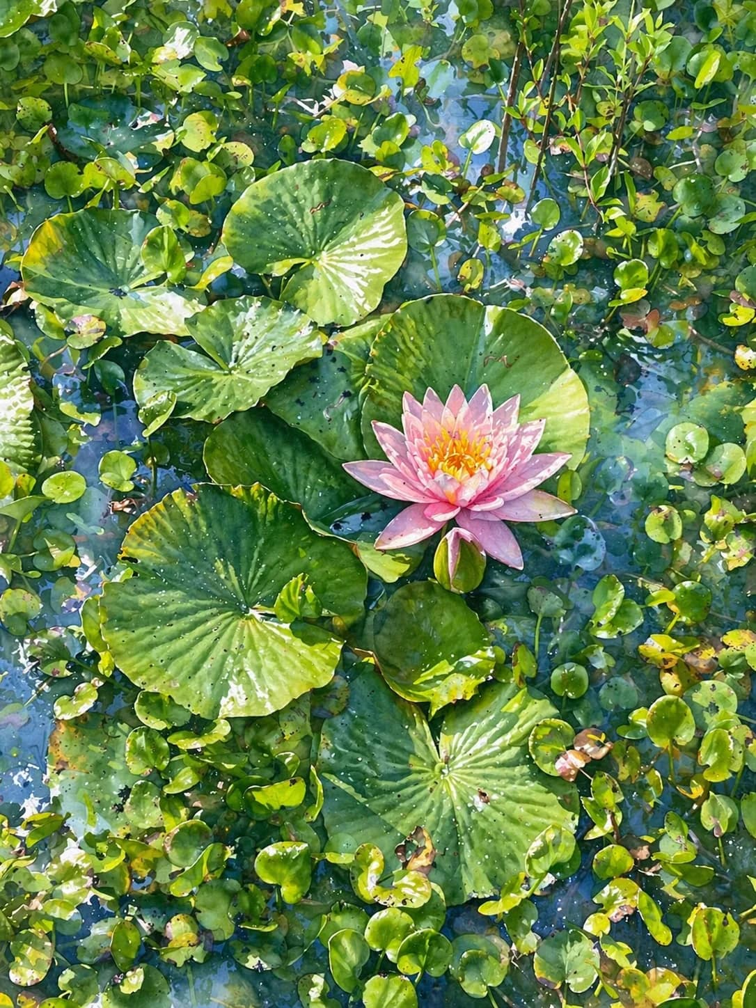 A single pink water lily among green pads
