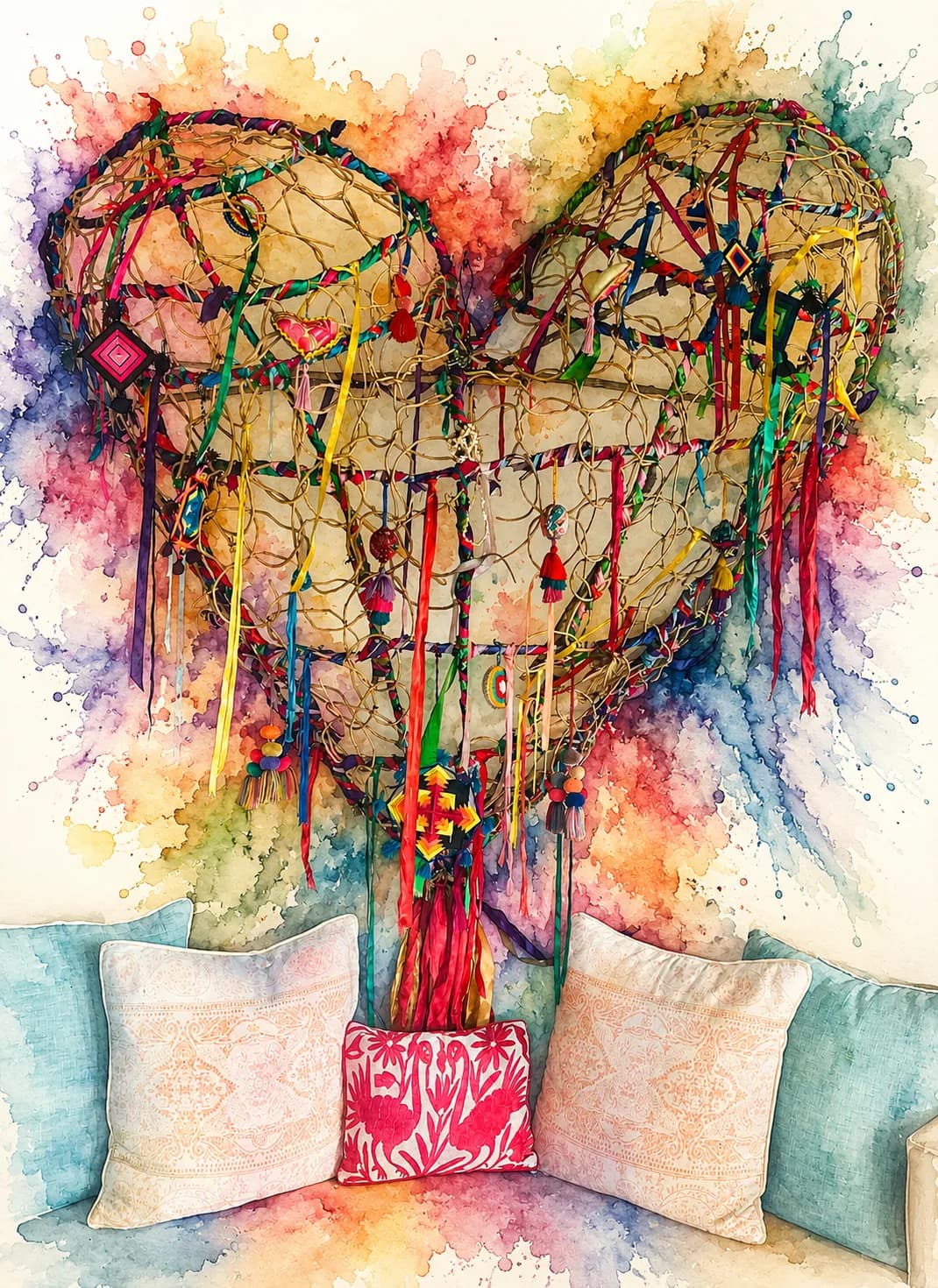 A woven heart wall hanging strung with colorful ribbons and charms