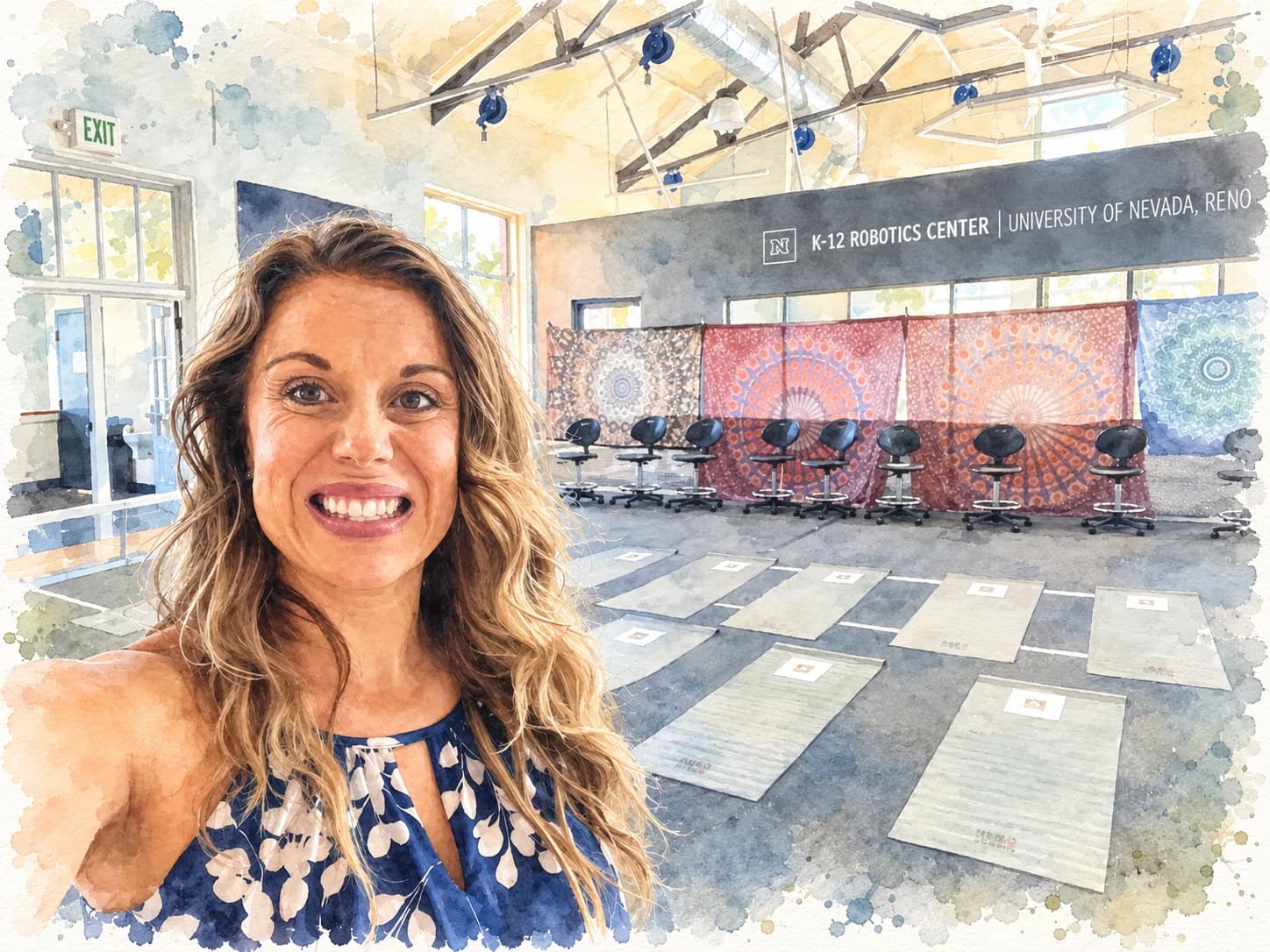 Amanda Lee in a room at the University of Nevada, Reno set up with mats for a mindfulness workshop