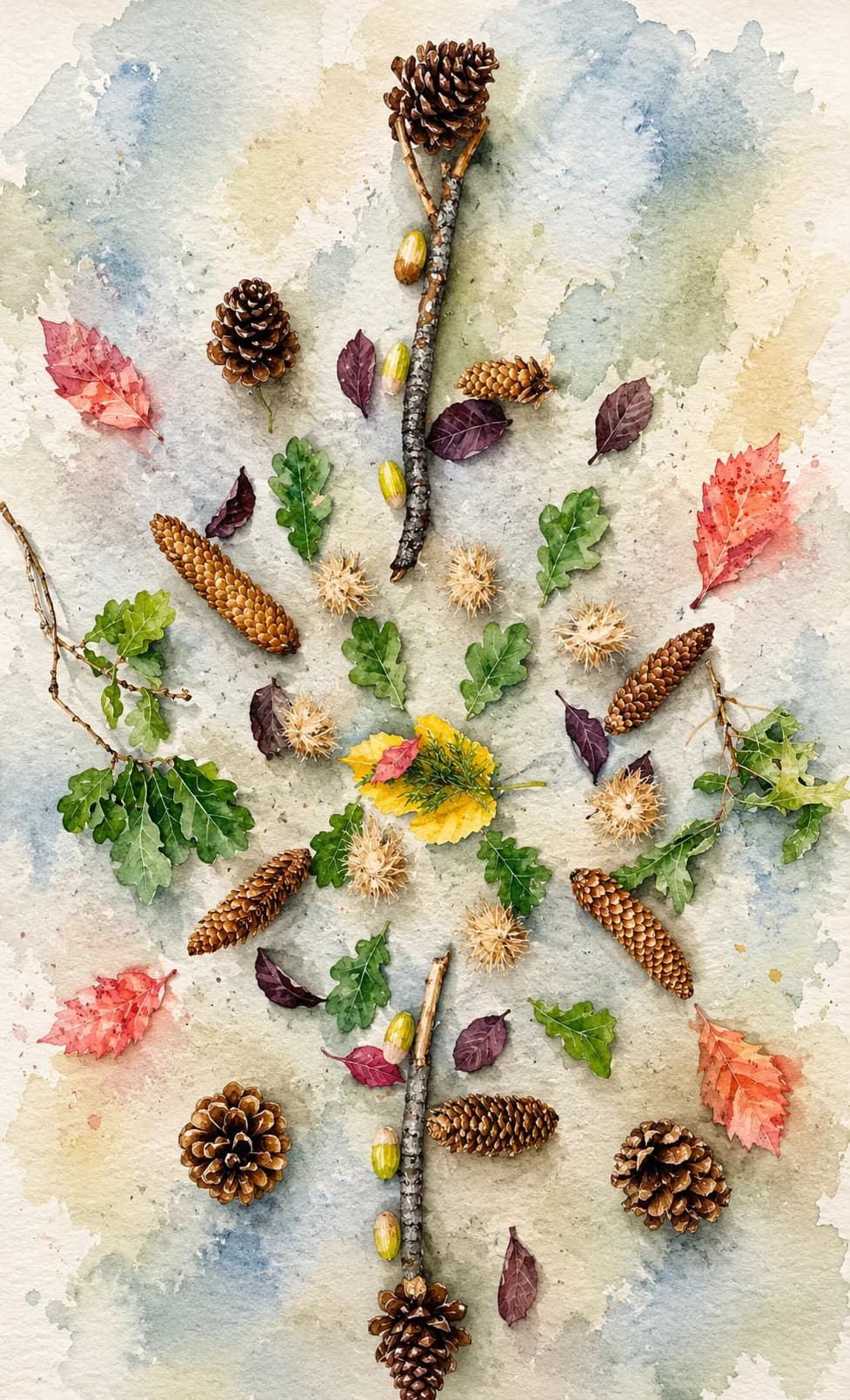 Pinecones, acorns and crimson maple leaves arranged symmetrically on pale stone