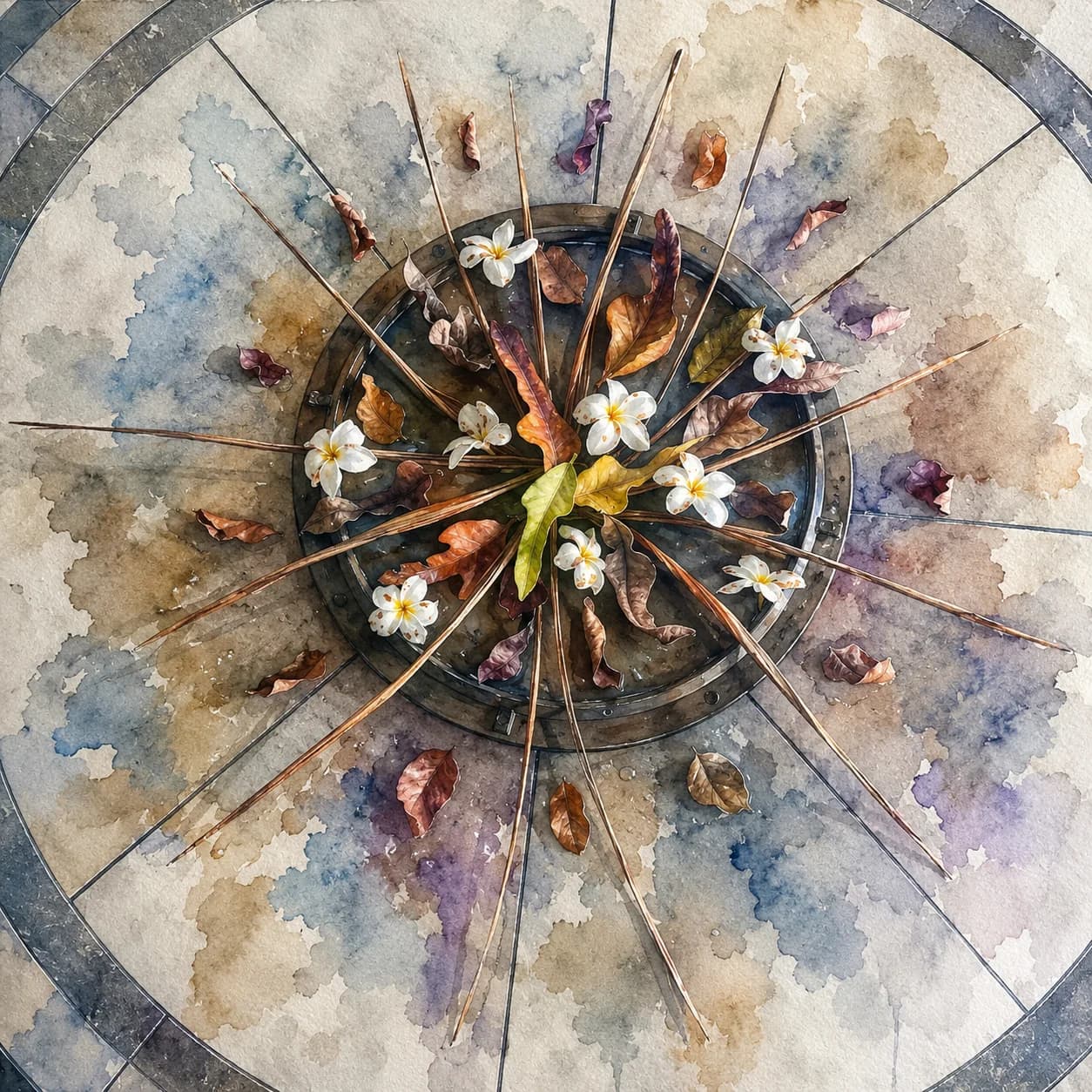 White frangipani blossoms and radiating palm spines arranged around a round stone