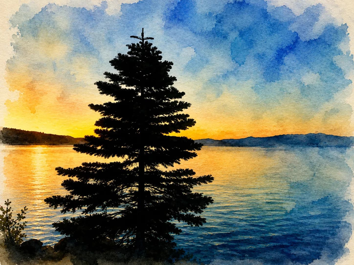 A single pine silhouetted against a golden sunset over still water