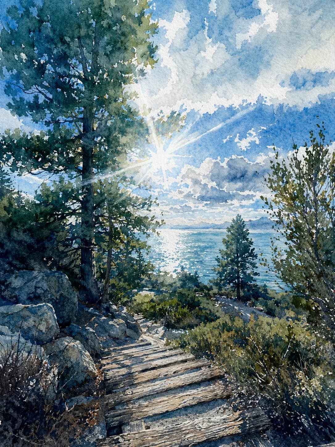 A wooden path through pines leading down to Lake Tahoe