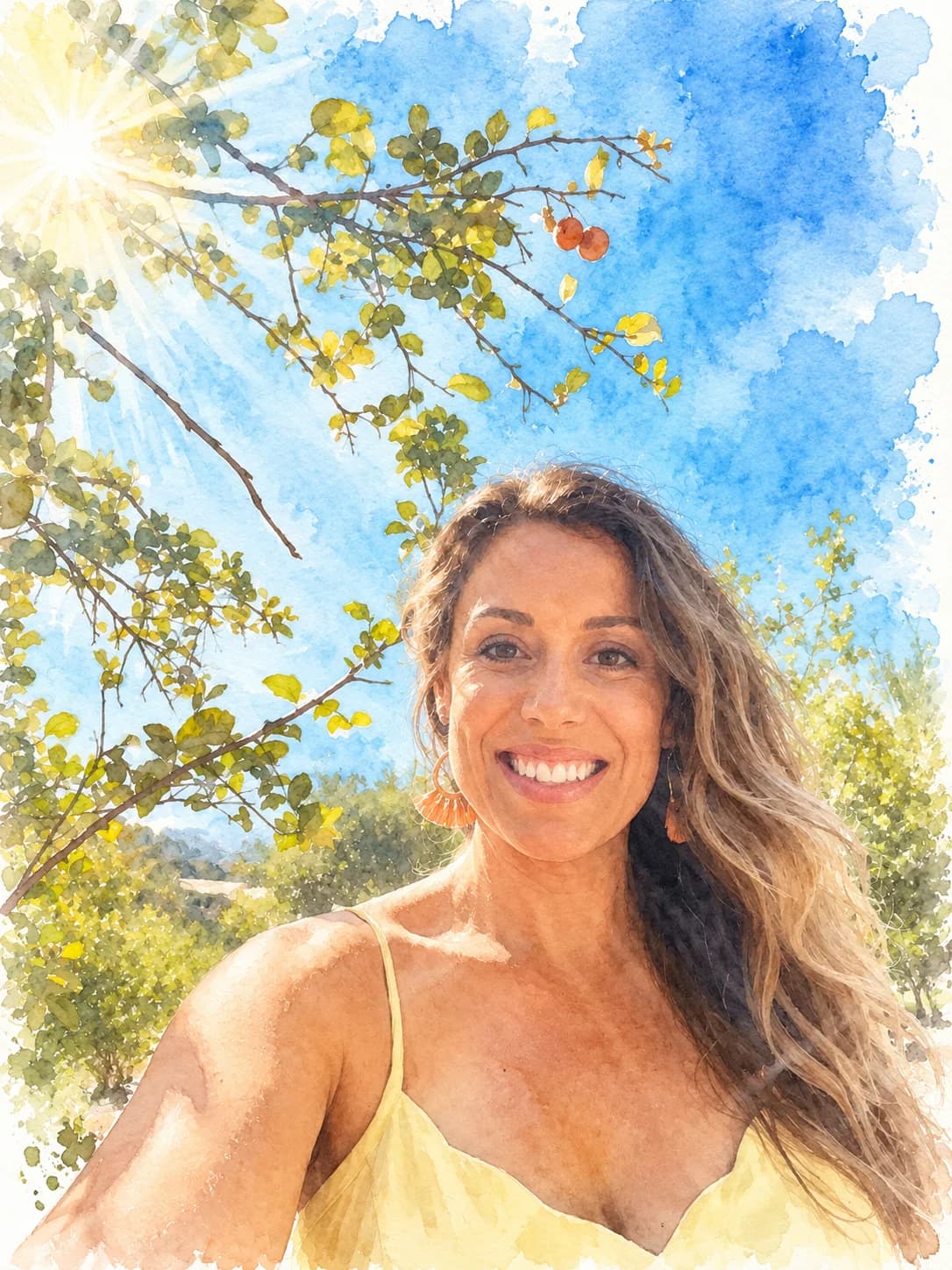 Amanda Lee smiling in a yellow sundress beneath sunlit branches