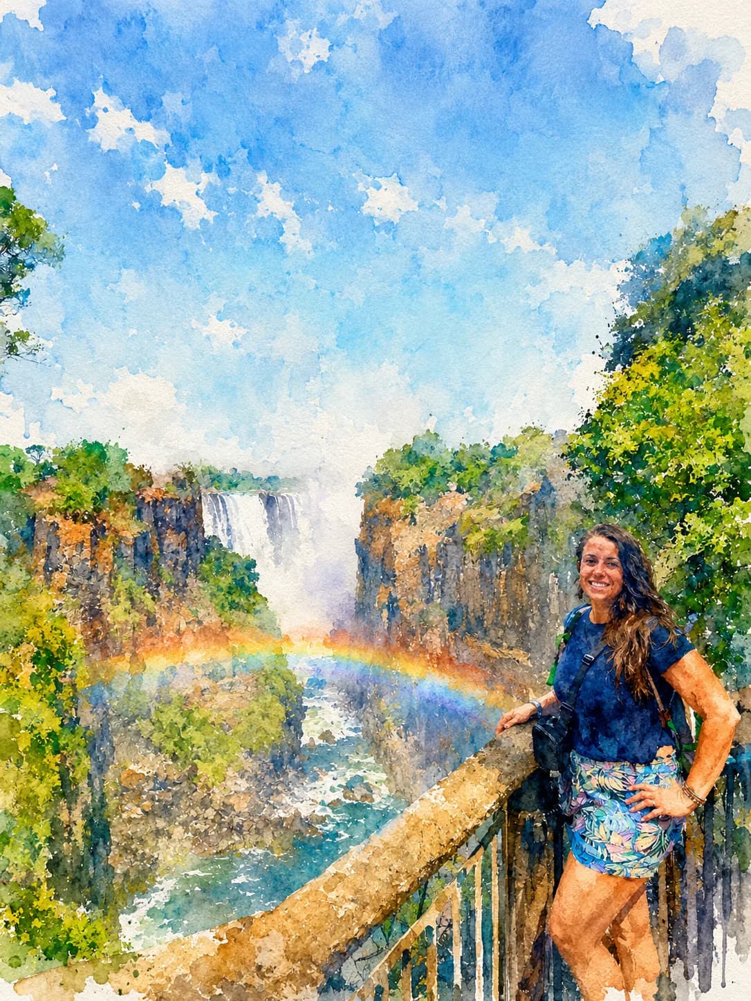 Amanda Lee at a waterfall gorge in Africa with a rainbow across the canyon
