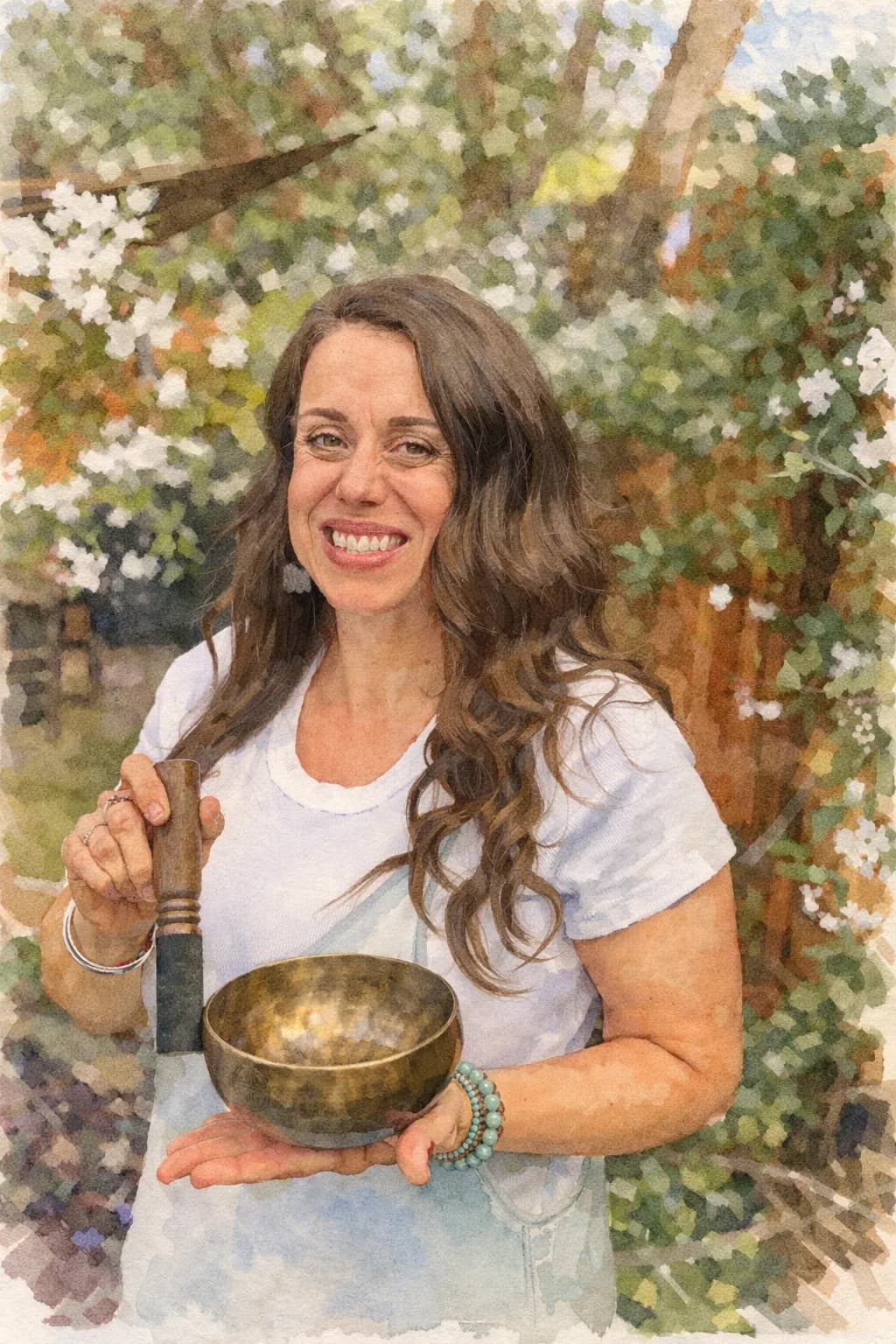 Amanda Lee smiling, holding a brass singing bowl